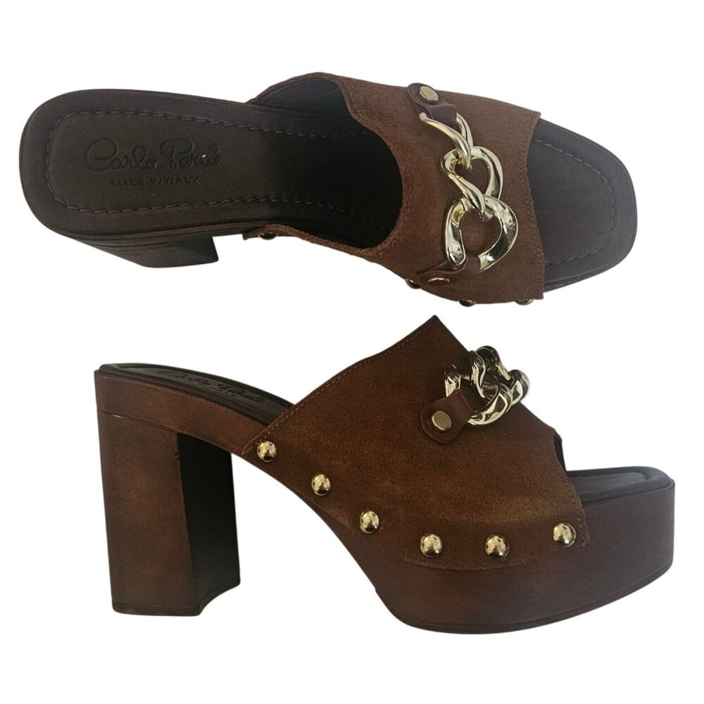 Carlo Pera Brown Suede Chain & Stud Accent Slip On Mule Platform Sandals Size 41 - Picture 2 of 8